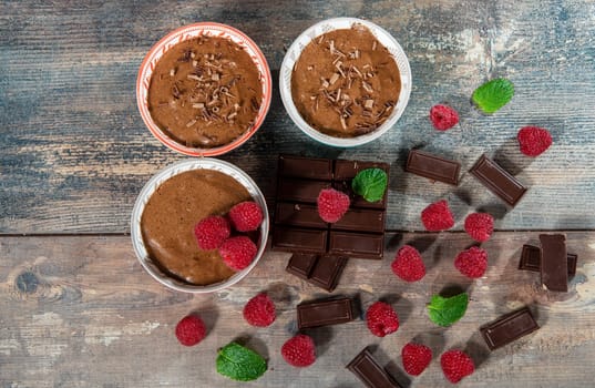 Homemade chocolate mousse with the  fresh raspberry