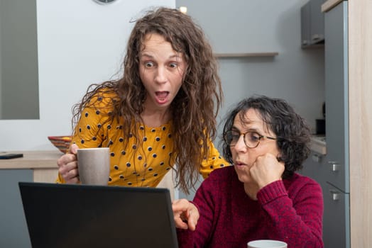 Young woman helps senior on a laptop computer