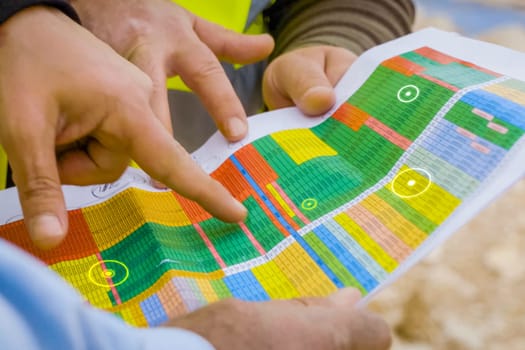 Estimated data on a sheet of paper are considered by workers.