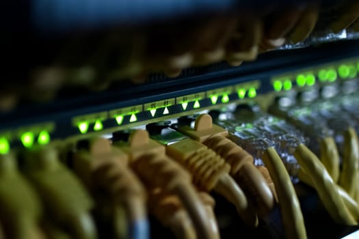 Connections of Internet cables with servers. Server date centers.