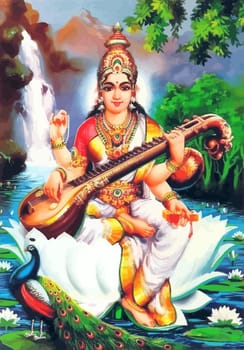 hinduism lord  Saraswati seated spiritual  swan holy waterfall  illustration