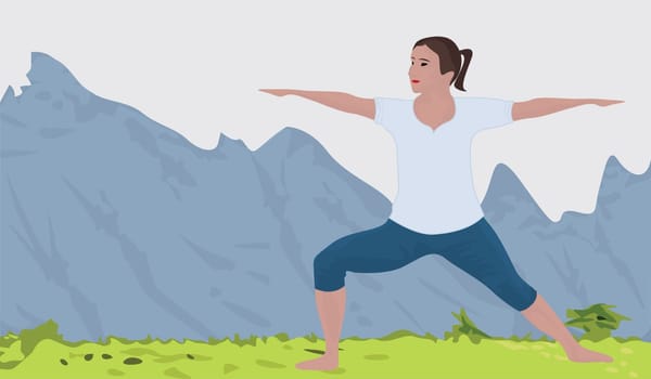 Mountain landscape background and a woman doing yoga exercise vector illustration