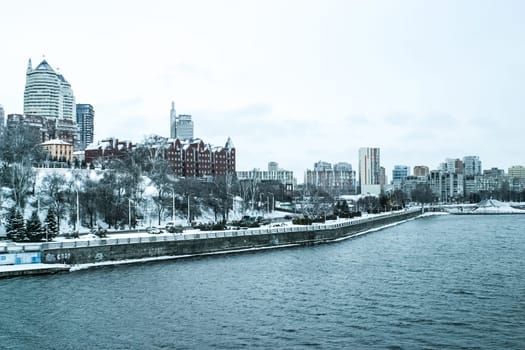 Dnipro city landscape in winter. The photo can be used for weather forecast
