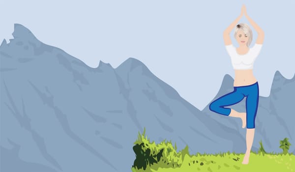Mountain landscape background and a woman doing yoga excercise vector illustration