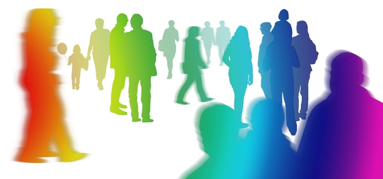 Colorful illustrated silhouettes of casual people on white background. Blurry motion added to some silhouettes. Rainbow, Crowd, Motion, Gradient.