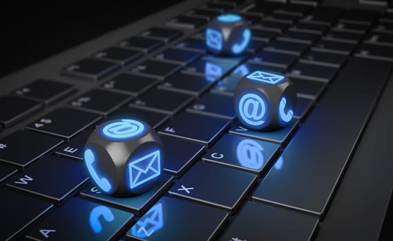 Cubes with phone, mail and envelope icons on a computer keyboard. 3D render