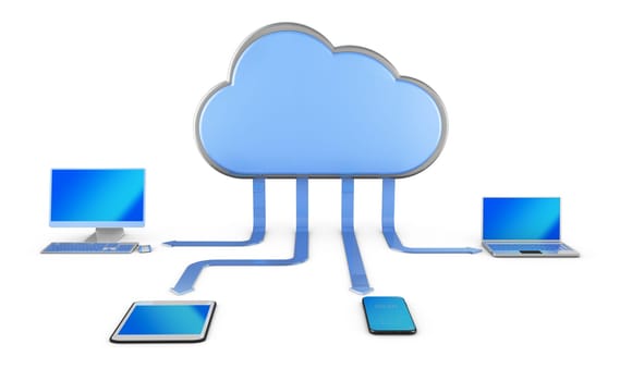 A cloud with arrows that point to a computer and tablet with a smartphone. 3d render.