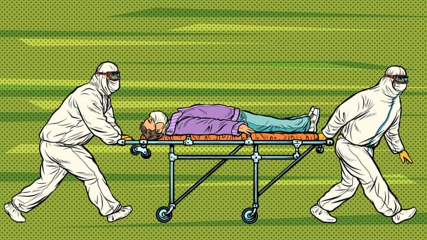 Doctors take away a sick patient. Novel Wuhan coronavirus 2019-nCoV epidemic outbreak. Pop art retro vector illustration 50s 60s style