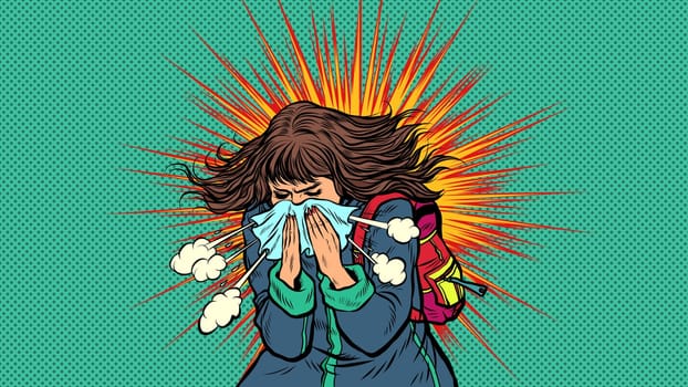 Woman sneezes, symptoms of the disease. Novel Wuhan coronavirus 2019-nCoV epidemic outbreak. Pop art retro vector illustration 50s 60s style