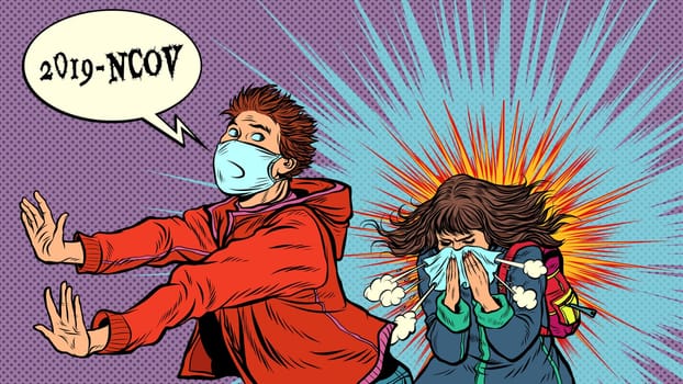 Panic. The young man is afraid of a sneezing sick girl. Novel Wuhan coronavirus 2019-nCoV epidemic outbreak. Pop art retro vector illustration 50s 60s style