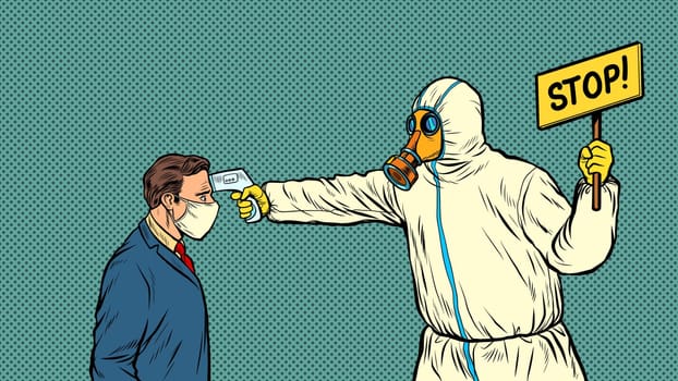 Temperature measurement Stop doctor quarantine. Novel Wuhan coronavirus 2019-nCoV epidemic outbreak. Pop art retro vector illustration 50s 60s style