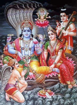 lord  Vishnu music lady Parvati and Saraswati hinduism culture mythology illustration