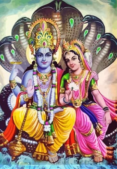 lord  Vishnu and Laksmi snake l hinduism culture mythology illustration