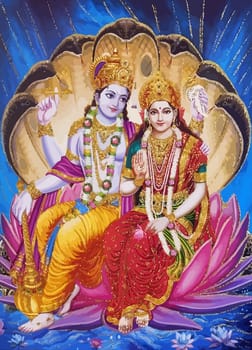 lord  Vishnu  lady Lakshmi lotus flower  prosperity  hinduism  mythology illustration