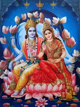 lord  Vishnu  lady Lakshmi lotus flower owl prosperity  hinduism  mythology illustration
