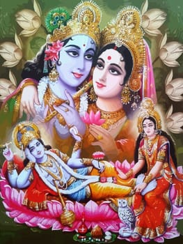 lord  Vishnu  lady Lakshmi wife  lotus flower  prosperity  hinduism  mythology illustration