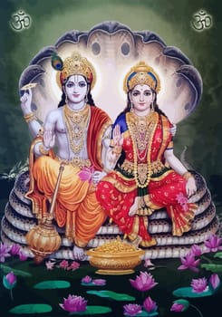 lord  Vishnu  lady Lakshmi lotus flower prosperity hinduism  mythology illustration