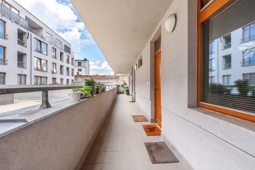 A building next to a window. High quality photo