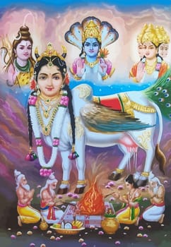 hinduism lord  Saraswati spiritual Brahma god  swan holy power ox illustration