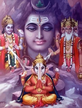 lord  Vishnu  lady Surya light  Ganesha elephant  mythology illustration