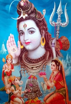 god Shiva snake and lady Saraswati peacock holy elephant Ganasha hinduism  illustration blue