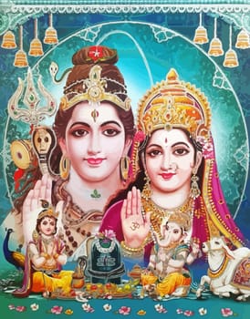 god Shiva snake and lady Saraswati peacock holy elephant Ganasha hinduism   illustration