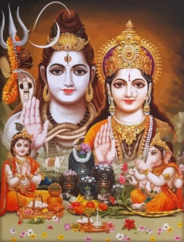 god Shiva snake and lady Durga  holy elephant Ganasha hinduism   illustration