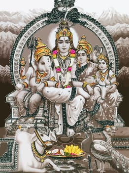 god Shiva snake and lady Saraswati peacock holy elephant Ganasha hinduism white  illustration