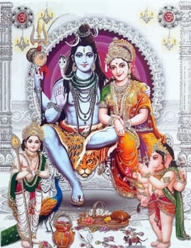 lady Saraswati and god Shiva holy elephant Ganasha hinduism  illustration