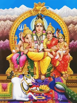 god Shiva snake and lady Saraswati peacock holy elephant Ganasha hinduism    mountains  illustration