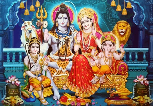 lady Saraswati and god Shiva holy elephant Ganasha hinduism lion  illustration