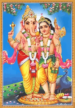 god  Saraswati peacock holy  elephant ganesha mythology hinduism  illustration