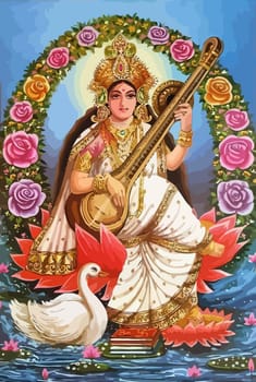 god Saraswati spiritual   play veena holy culture music hinduism  illustration