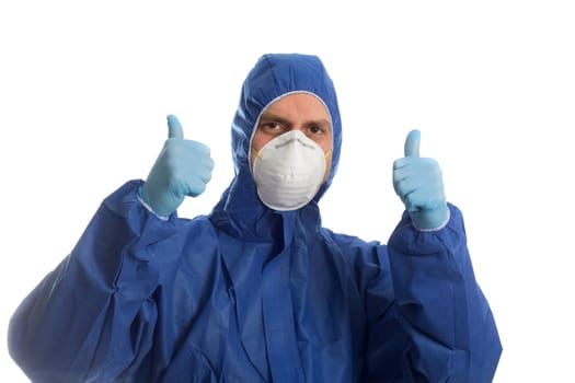 Doctor in protective clothing showing thumbs up. Everything will be O.K.