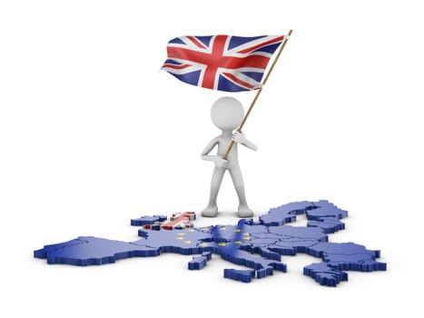 man holding the flag of Great Britain next to the map of the European Union. 3d render.