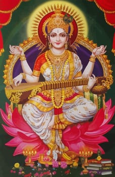 holy hindu god Saraswati spiritual   play veena holy culture music   illustration metallic