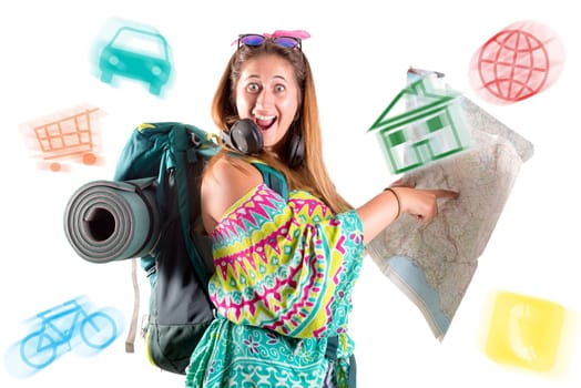 Hiker girl with backpack and map isolated in white, trekking and travel lifestyle concept