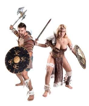 Ancient warrior or Gladiator couple posing in a white background