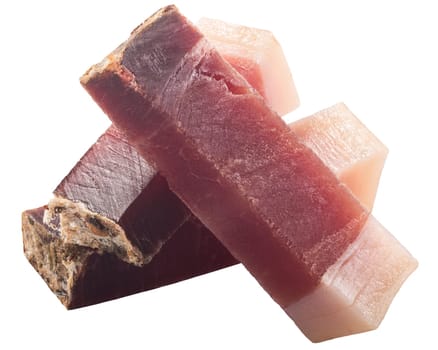 Sticks of Speck, a South Tyrolean cured pork meat or smoke-dried ham, isolated