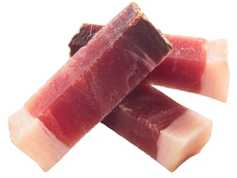 Sticks of Speck, a South Tyrolean cured pork meat or smoke-dried ham, isolated
