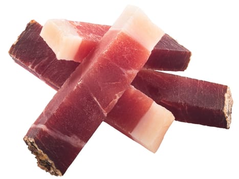 Sticks of Speck, a South Tyrolean cured pork meat or smoke-dried ham, isolated