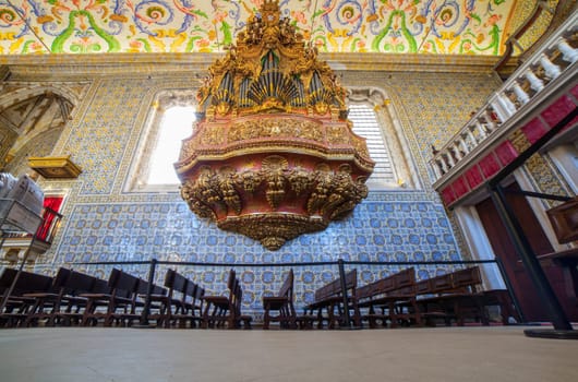 Coimbra, Portugal - Sept 6th 2019: Organ of University Chapel or Capela de Sao Miguel Chapel. Tourist attraction of university old quarter, Coimbra, Portugal