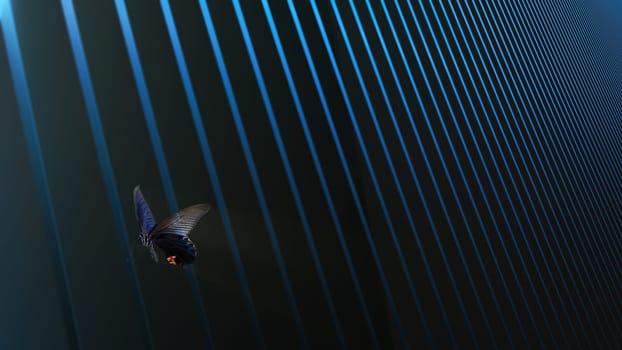 The 3d rendering of butterfly on the abstrate line background try to escape