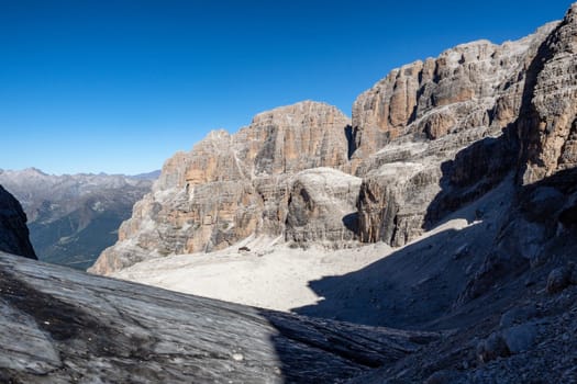 View of the mountain peaks Brenta Dolomites. Trentino, Italy