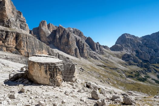 View of famous Dolomites mountain peaks in summer, The Dolomites of Brenta group, Italy
