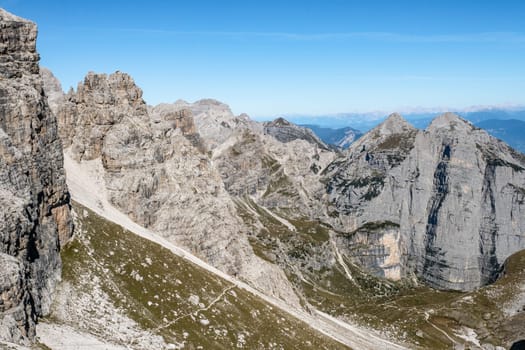 View of famous Dolomites mountain peaks in summer, The Dolomites of Brenta group, Italy