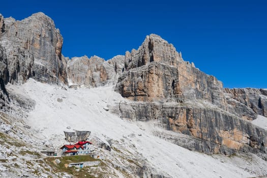 Alpine hut Silvio Agostini in Dolomites Alps, Italy.