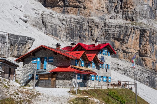 Alpine hut Silvio Agostini in Dolomites Alps, Italy.