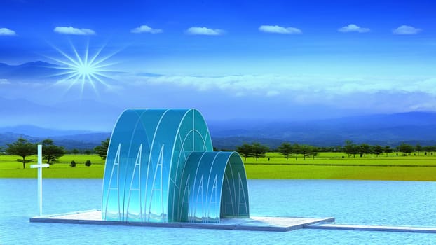 The 3d rendering of beautiful glass made church in the pool with beautiful background