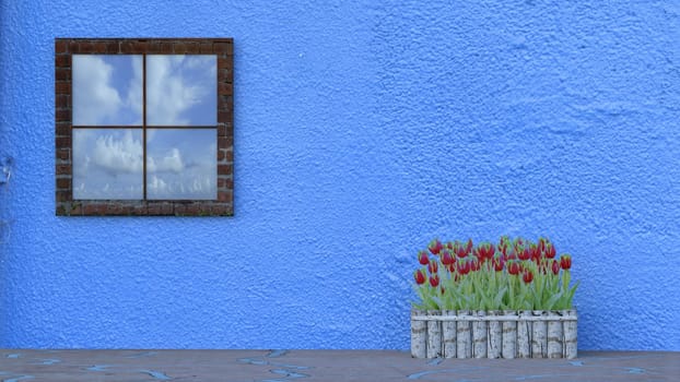 The 3d rendering of window with reflection and beauticul tulip beside the wall